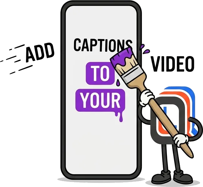 The PublishQ mascot pressing a highlighted caption word onto a vertical video that already carries word-by-word subtitles