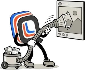 The PublishQ mascot braced against a vacuum hose, pulling the photo out of a social media post while the saved files pile up in the tank at its feet